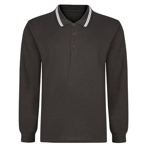 Charcoal marl long sleeve polo shirt, front flat lay view.